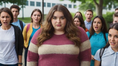 A young adult woman or teenage girl is made fun of and bullied by her classmates, screams, is followed and insulted in the schoolyard or university, is unhappy and feels uncomfortably excluded, overweight, Caucasian, age 20